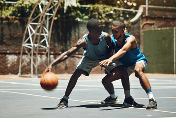 Basketball, sports and competition with a man athlete and opponent on a court for fitness, exercise or training. Workout, health and sport with male basketball player friends playing a game together
