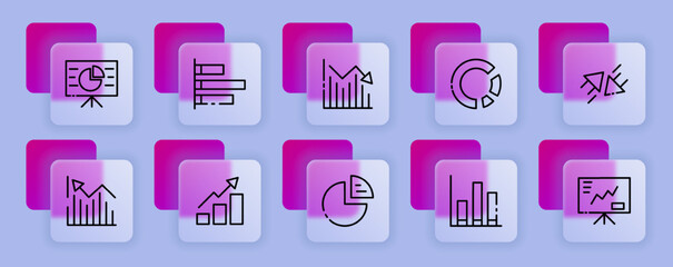 Infographic set icon. Statistics, chart, diagram, document, gear, magnifier, clipboard, website, settings. Analytics concept. Glassmorphism style. Vector line icon for Business and Advertising