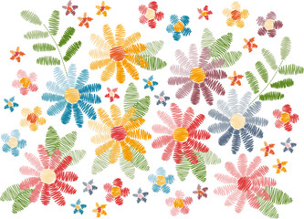 Colorful summer flowers. Embroidery vector design.
