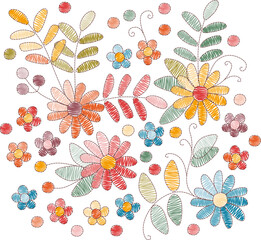 Embroidery with colorful flowers and leaves on white background. Summer design. Vector illustration.
