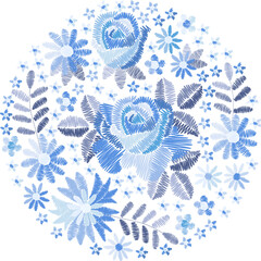 Embroidered round composition with flowers in blue tones. Embroidery vector design