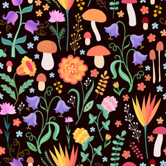 Beautiful seamless pattern with colorful flowers, leaves and mushrooms. Print for fabric with floral motifs. Cute vector design. - 540623090
