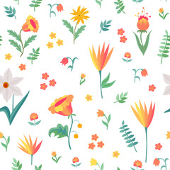 Floral seamless pattern with cute flowers and leaves on white background. Fabric print.