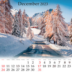 Square wall monthly calendar ready for print, December 2023. Set of calendars with beautiful landscapes. Bright winter view of popular ski resort - Alpe di Siusi in Dolomite Alps, Italy, Europe..