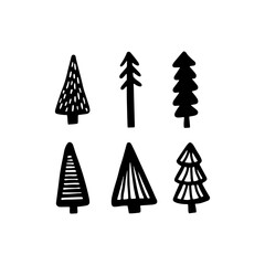 Christmas Tree various set. Collection black-white silhouette. Monochrome hand drawn vector illustration in doodle style.