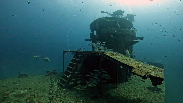 HTMS Sattakut wreck The bridge of the boat and deck - under water shot - Ko Tao island in Thailand