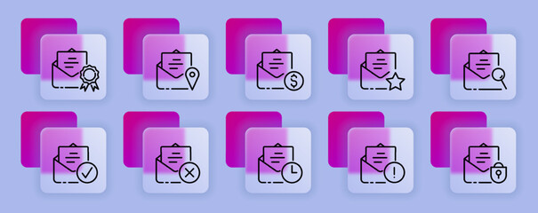 Mail management set icon. Contact us, communication, email, send letter, attach file, picture, clip, open envelope, mailbox. Business concept. Glassmorphism style. Vector line icon for Business