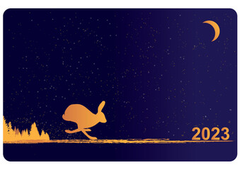 New Year  background with rabbit, moon, stars and forest in blue and gold colours