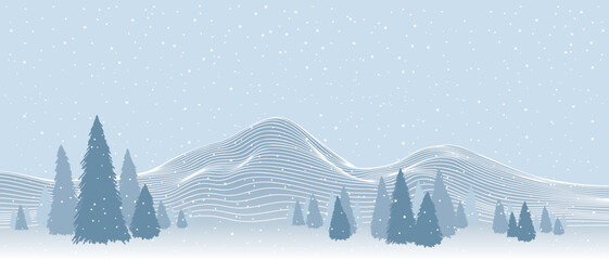 Vector abstract art winter landscape mountain pine trees with snowing by white line art texture on pastel earth tone blue background. Minimal style in concept winter, Christmas.