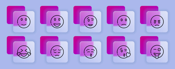 Emoticon set icon. Sadness, crying, love, laughter, surprise, tongue, anger, consternation, startle, distempered emotion, feeling, emoji. Mood concept. Glassmorphism style. Vector line icon