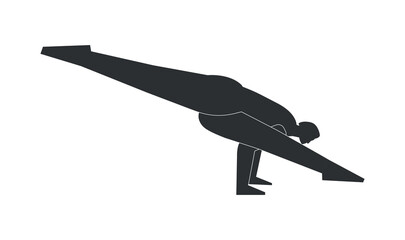 Vector minimalistic illustration with black silhouette of female character. Sportive woman learns yoga posture Eka Pada Koundinyanasana I. Fitness exercise - Pose Dedicated to the Sage Koundinya I