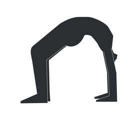 Vector illustration with black silhouette of female character. Sportive woman learns yoga posture Urdhva Dhanurasana. Fitness exercise - Wheel Pose or Upward Facing Bow Pose. Minimalistic design