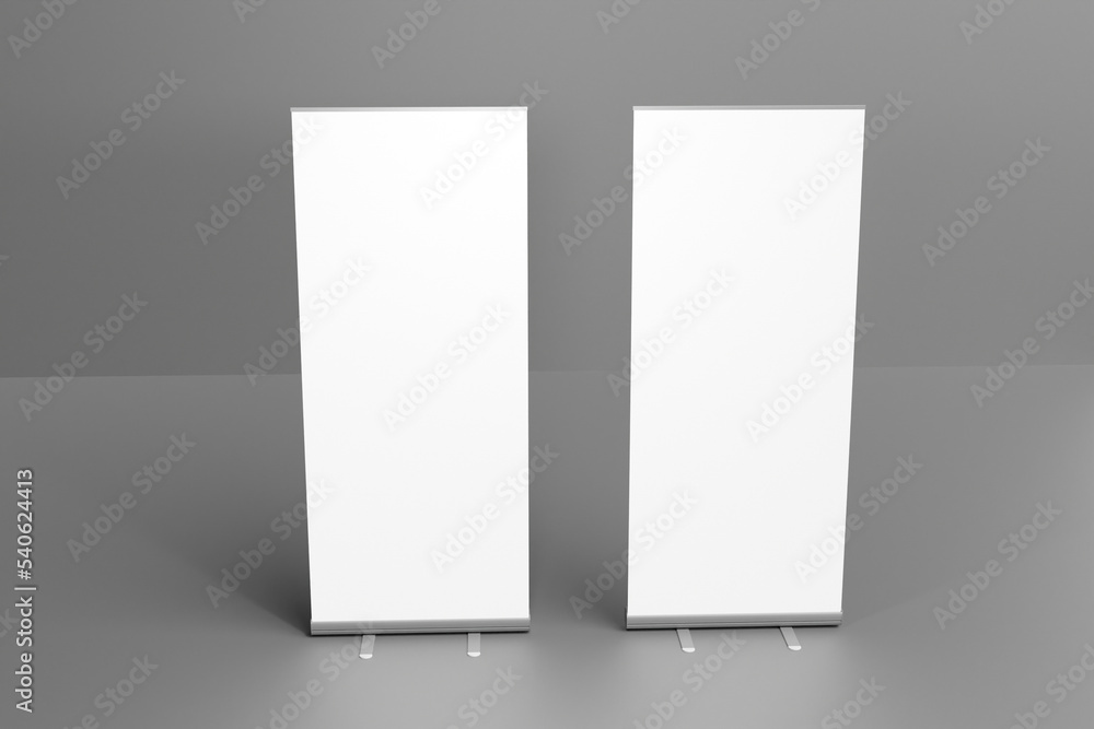 Canvas Prints blank white roll up banner display mockup on dark background, isolated, 3d rendering