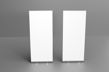 Blank white roll up banner display mockup on dark background, isolated, 3d rendering