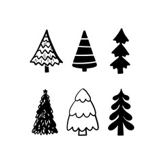 Christmas Tree various set. Collection black-white silhouette. Monochrome hand drawn vector illustration in doodle style.