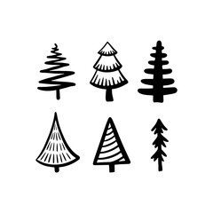 Christmas Tree various set. Collection black-white silhouette. Ink sketch. Monochrome hand drawn vector illustration in doodle style.