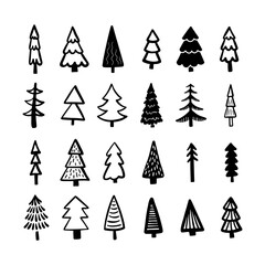 Christmas Tree various set. Collection black-white silhouette. Monochrome hand drawn vector illustration in doodle style.