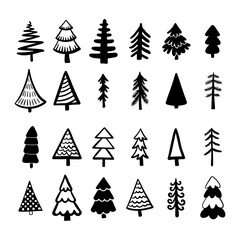 Christmas Tree various set. Collection black-white silhouette. Ink sketch. Monochrome hand drawn vector illustration in doodle style.