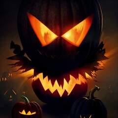 Creepy burning Jack-o-lantern pumpkin head. Halloween Glowing fire flame head - 540625225