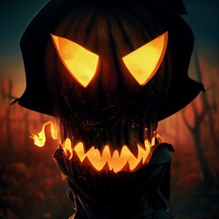 Creepy burning Jack-o-lantern pumpkin head. Halloween Glowing fire flame head