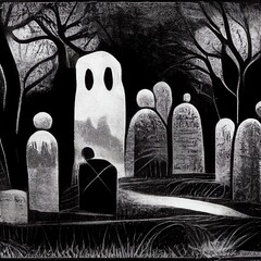 Black and white illustration. Huge white hungry ghost, spooky graveyard. Horror - 540625275