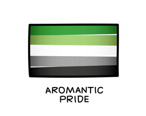 Flag of aromantic pride. A colorful logo of one of the LGBT flags. Green6 white, gray and black brushstrokes drawn by hand. Black outline.