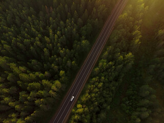 Asphalt road between the green forest top view. Traveling by car into the depths of the forest.The car is driving along a forest road.Go to the end of the world.Treetops from above.