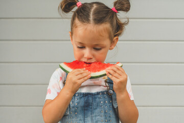 Concentrated little girl 3-4 years old with two ponytails eats watermelon. Child outdoors against...