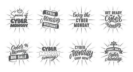 The set of lettering slogans for Cyber Monday. The stickers with rays