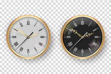 Vector 3d Realistic Classic Metal Golden Wall Office Clock Icon Set Closeup Isolated on Transparent Background. White and Black Dial with Roman Numeral. Design Template for Mockup. Front View.