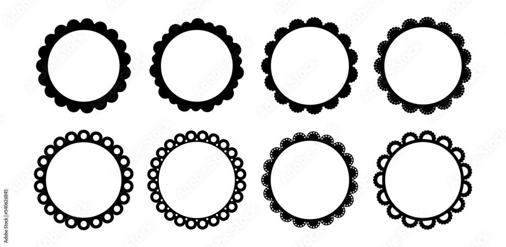 Poster scalloped edge round strokes set. simple circle scalloped border. fabric laces silhouette frame. rep