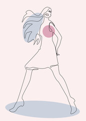 A young girl in a dress is dancing. Linear vector illustration on a colored background