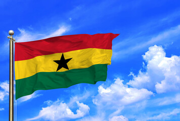 Ghana Flag Waving In The Wind On A Beautiful Summer Blue Sky