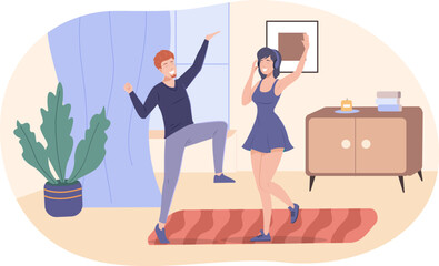 Happy couple listening music and dancing together at home. Happy man and woman having fun at home party. Girl in headphones enjoying on listening music, guy rhythmically moving