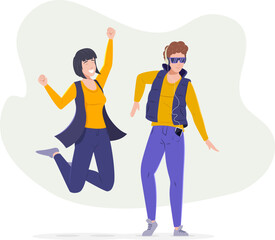 Fototapeta premium Cheerful teenagers boy and girl listening music and dancing. Young modern students in trendy clothes having leisure time together and relaxing. Guy listening music In headphones