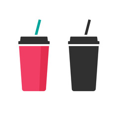 Paper cup of soda soft drink with straw stick icon flat vector red or beverage black white isolated shape silhouette pictogram graphic illustration clipart, cardboard recycle juice disposable lemonade