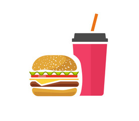 Fast food icon vector with burger and beverage drink or junk unhealthy unhealthy meal eat foodstuff flat cartoon clipart illustration, idea of hamburger breakfast graphic, take away soda image