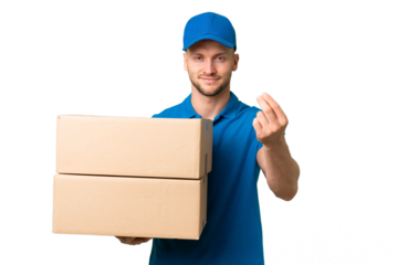 Delivery caucasian man over isolated background making money gesture