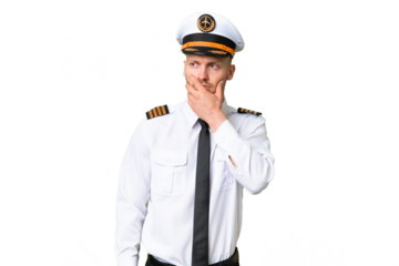 Airplane pilot man over isolated background having doubts and with confuse face expression