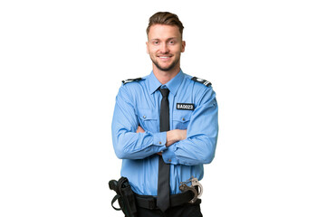 Young police man over isolated background keeping the arms crossed in frontal position