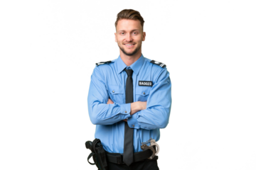 Young police man over isolated background keeping the arms crossed in frontal position