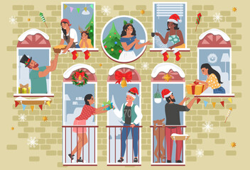 Christmas neighbors vector people in home window