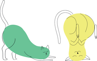 Cat Continuous Line Drawing. Cat Simple Contour Drawing. Green and yellow pets. Vector kittens.