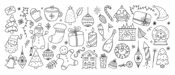 Large set of Christmas elements vector Illustration Doodle isolated on white background Christmas concept