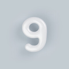 3D White plastic number 9 with a glossy surface on a gray background.
