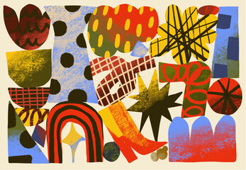 Inorganic Abstract Playful Geometric Shapes Illustration. Experimentation with Shapes, Colors, Gradient and Patterns. Hand Drawn Illustration.