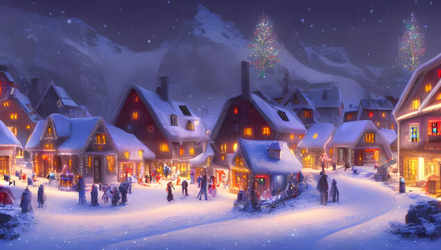 christmas market in the city - painting - illustration