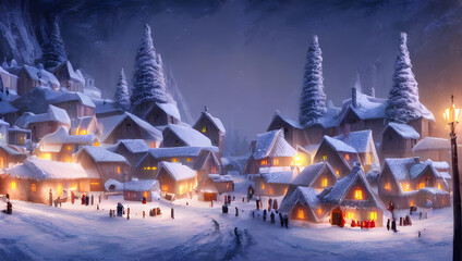 Fototapeta premium winter landscape in the mountains with a small village at night in the snow - digital painting