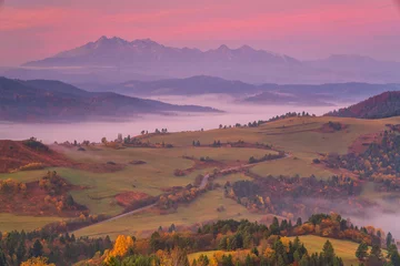 Fotobehang Fluor Roze The Pieniny - Pieniny national park is a mountain range in the south of Poland and the north of Slovakia.  © Boris Kopaj