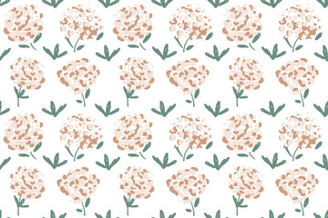 Hand drawn abstract flowers pattern. Floral seamless background design with blooming white buds. Vector illustration for wrapping paper, wallpaper, fabric print, interior decor